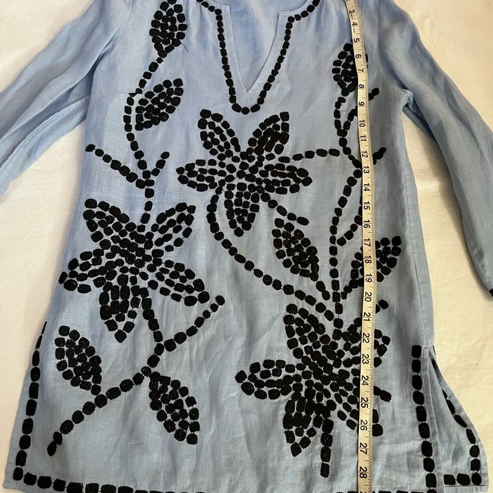 Tory Burch Blue Embroidered Linen Tunic Top